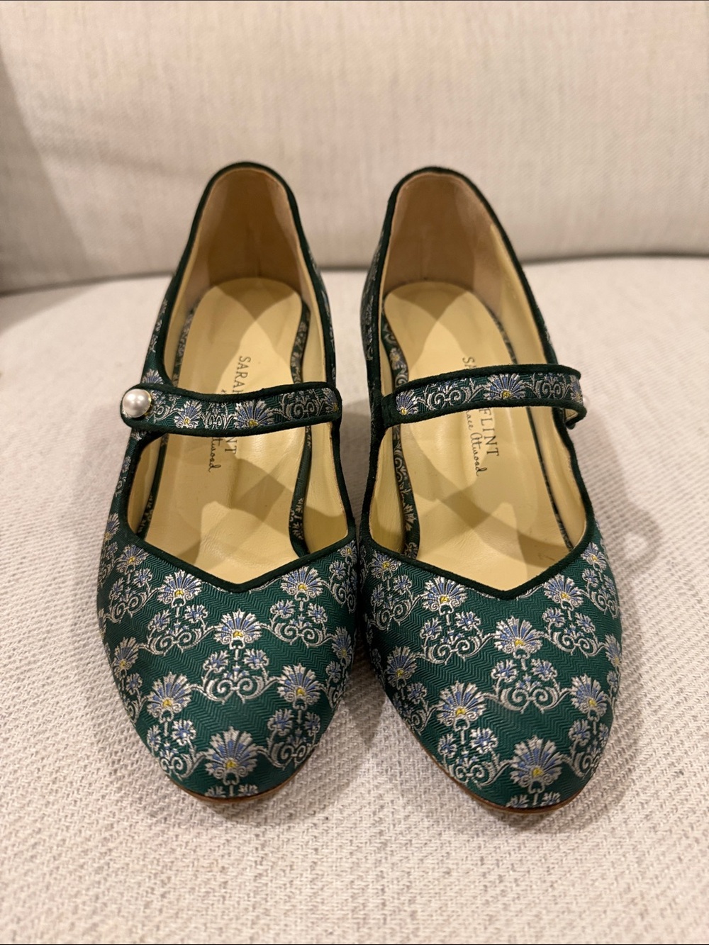 Sarah Flint & Grace Atwood silk emerald Mary Jane flats with pearl strap size 38